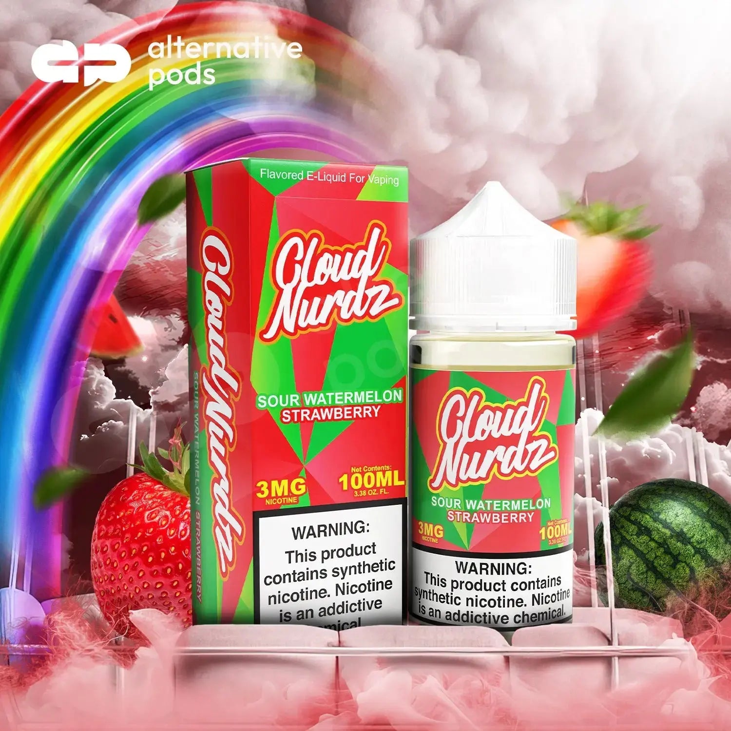 Cloud Nurdz Synthetic Nicotine E-Liquid 100ML - Sour Watermelon Strawberry 