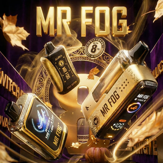 MR FOG vape devices with gold and black design on a dark background