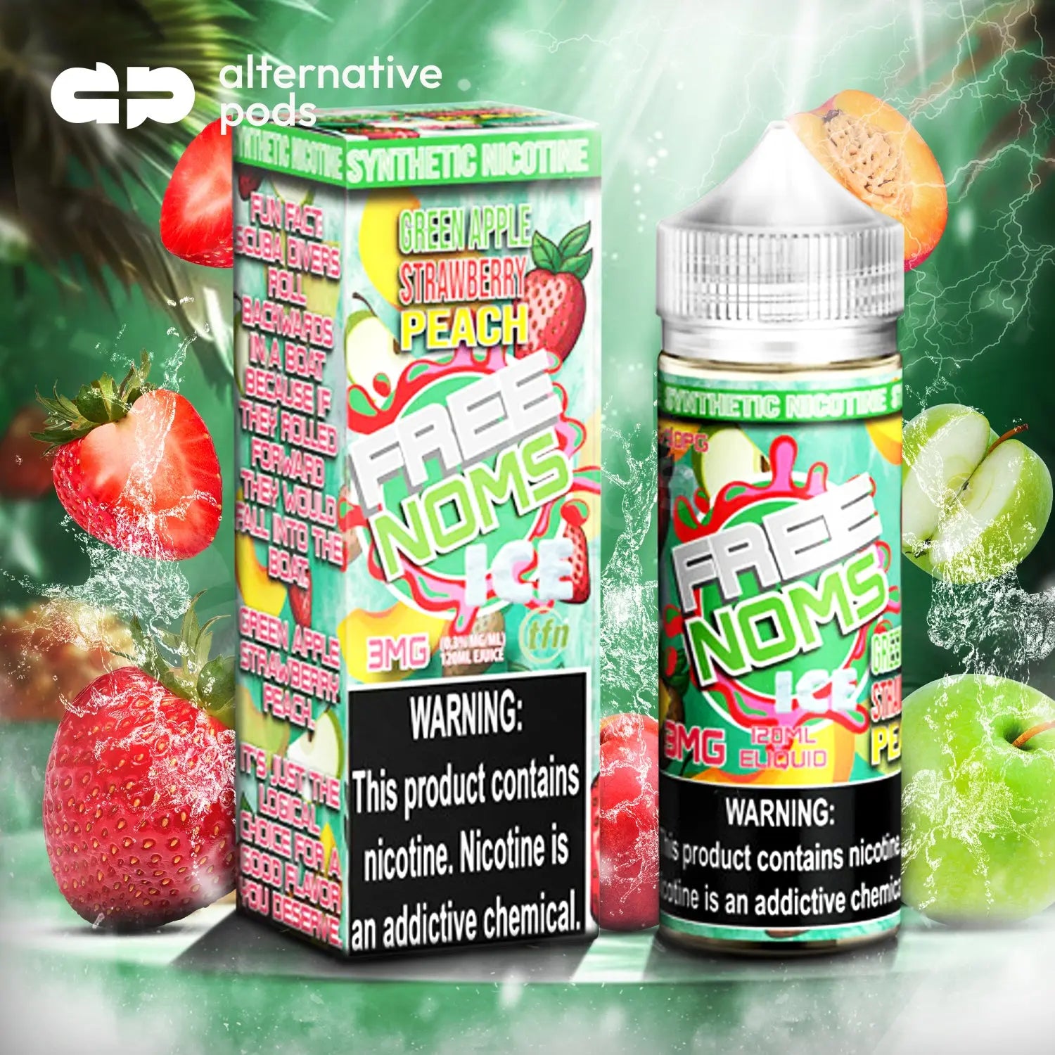 Nomenon Free Noms Tobacco Free Nicotine E-Liquid 120ML Noms - Green Apple Strawberry Peach 