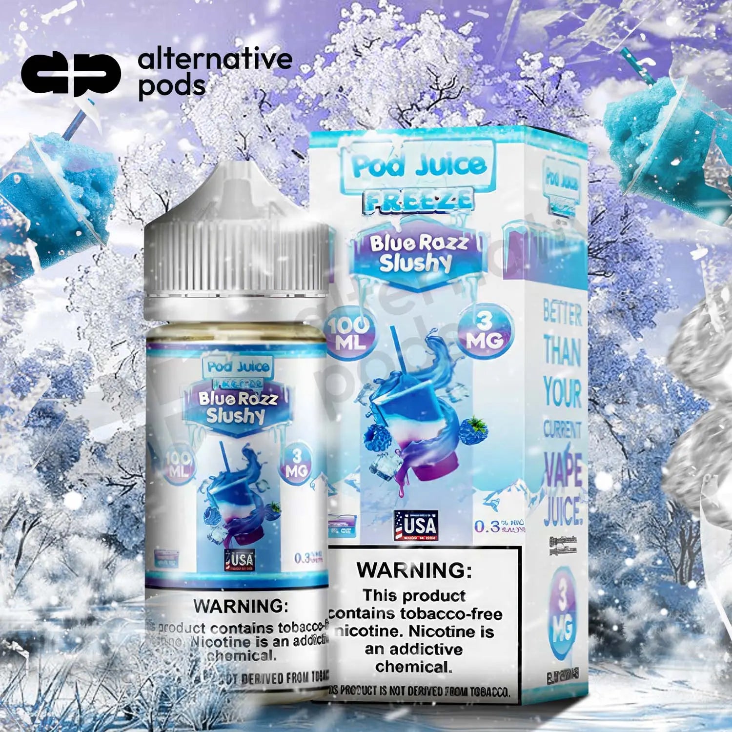 POD Juice Freeze Synthetic Nicotine E-Liquid 100ML - Blue Razz Slushy 