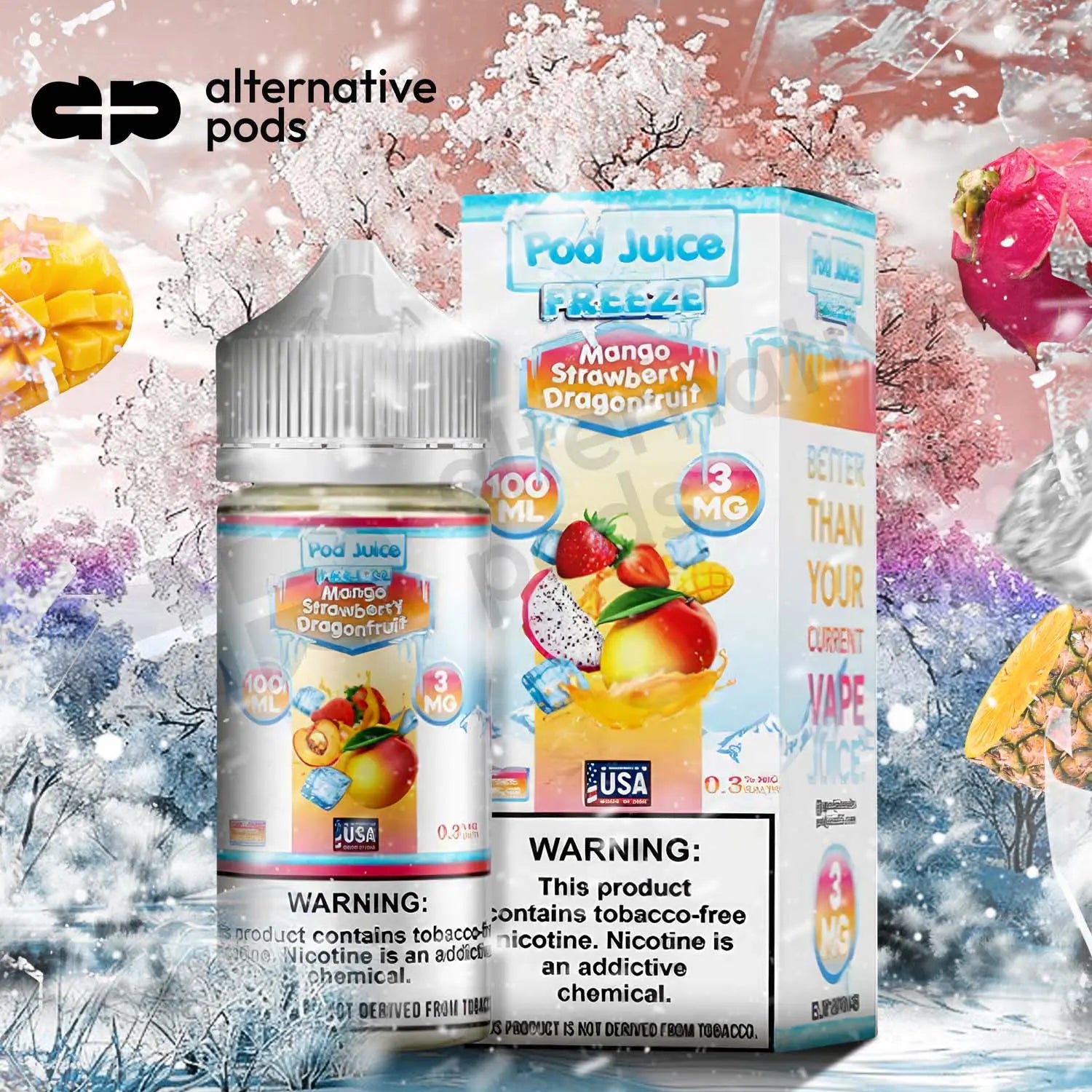 POD Juice Freeze Synthetic Nicotine E-Liquid 100ML - Mango Strawberry Dragonfruit 