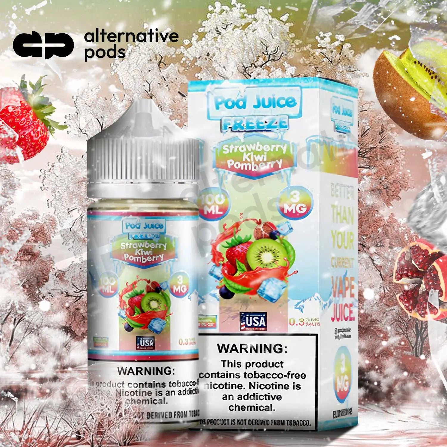 POD Juice Freeze Synthetic Nicotine E-Liquid 100ML -Strawberry Kiwi Pomberry 