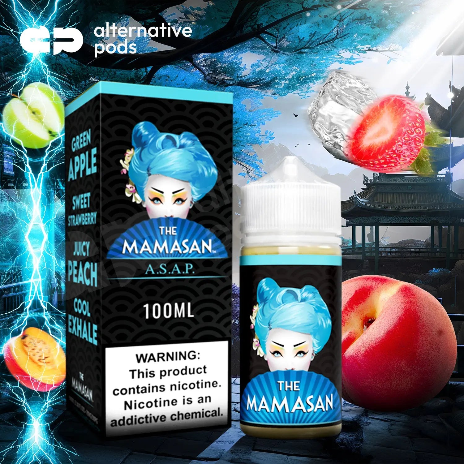 The Mamasan E-Liquid 100ML Vape Juice - Green Apple Sweet Strawberry Juicy Peach Cool Exhale 