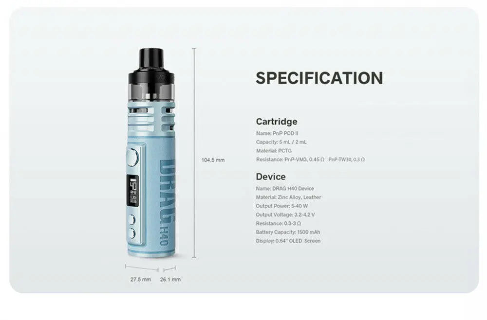 VooPoo Drag H40 40W 1500mAh Pod Mod Starter Kit With Refillable 5ML PN VooPoo Drag H40 40W 1500mAh Pod Mod Starter Kit With Refillable 5ML PN