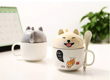 THS Funny Pets Ceramic  Cup with Lid and Spoon